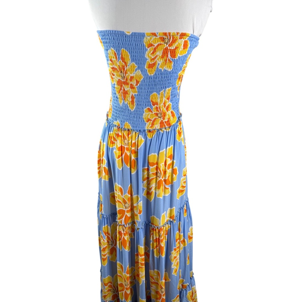 Abel The Label Maxi Dress Womens L Blue Orange Floral‎ Smocked Tiered Strapless - Picture 3 of 8